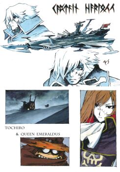  1girl 2boys absurdres arcadia ascot beads black_cape black_capelet brown_cape brown_hair cabin cape capelet character_name closed_mouth cowboy_hat desert emeraldas expressionless eyelashes ginga_tetsudou_999 glasses hair_between_eyes hair_down hair_ornament harlock harlock_saga hat highres jolly_roger long_hair looking_to_the_side multiple_boys multiple_expressions night non-web_source nose official_art ooyama_toshiro orange_hair pale_skin paneled_background pirate pirate_hat pirate_ship production_art queen_emeraldas red_capelet red_flag reference_sheet retro_artstyle sadamoto_yoshiyuki scar scar_on_face scene_reference second-party_source signature simple_background skinny skull skull_hair_ornament skull_print smile source_request space spacecraft stitches uchuu_kaizoku_captain_harlock very_long_hair weapon white_background wide_brim 