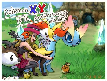  1girl amaura animal animal_on_shoulder anniversary berry_(pokemon) bird bird_on_shoulder black_boots blue_eyes blue_sky boots border braixen bright_pupils brown_hair cave closed_mouth commentary_request copyright_name crystal dated day dedenne eyelashes eyewear_on_headwear fang fletchling food from_side fruit gen_6_pokemon grass grey_eyes grey_pantyhose grey_shirt hand_on_own_knee hat highres kneeling long_hair nintendo on_shoulder open_mouth orange_eyes outdoors own_hands_together pantyhose pink_hat pokemon pokemon_(creature) pokemon_on_shoulder pokemon_xy reaching reaching_towards_another red_skirt satsuki_(pixiv44579273) serena_(pokemon) shirt sign sitrus_berry skiddo skirt sky sleeveless sleeveless_shirt smile twitter_username white-framed_eyewear white_border white_pupils 