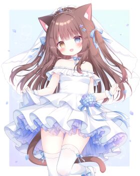  1girl :d absurdres animal_ear_fluff animal_ears bare_shoulders blush bow breasts brown_eyes brown_hair cat_ears cat_girl cat_tail choker cleavage collarbone commentary_request commission dress fang flower frilled_dress frills full_body gloves hair_between_eyes hair_bow hair_flower hair_ornament hair_ribbon highres holding layered_dress long_hair looking_at_viewer medium_breasts open_mouth original petticoat ribbon shoes skeb_commission skirt skirt_hold sleeveless sleeveless_dress small_breasts smile solo standing strapless strapless_dress tail thighhighs underwear usami_cocoa very_long_hair wedding_dress white_dress white_flower white_gloves 