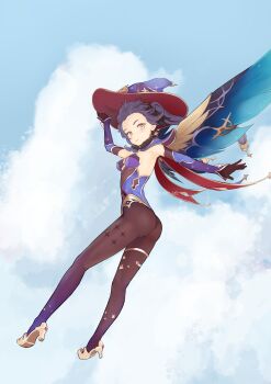  1girl absurdres aqua_eyes arescr armpits artist_name ass bare_shoulders black_pantyhose bow breasts cloud cloudy_sky day detached_sleeves earrings flying full_body fur_trim genshin_impact gloves hair_bow hair_ornament hand_on_headwear hat high_heels highleg highleg_leotard highres jewelry legs leotard looking_at_viewer mona_(genshin_impact) open_mouth pantyhose purple_hair sideboob sky small_breasts solo star_(symbol) star_hair_ornament twintails wings witch_hat  rating:Sensitive score:35 user:danbooru