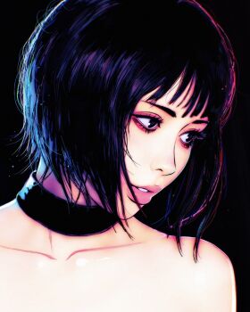  1girl black_background black_eyes black_hair blue_light bob_cut choker collarbone expressionless eyelashes highres ilya_kuvshinov looking_to_the_side messy_hair open_mouth original red_light short_hair sidelighting solo topless_female 