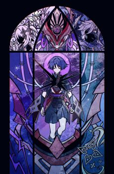  1girl 2boys armlet arms_at_sides ascot black_bodysuit black_hair black_kimono black_shorts black_sleeves blunt_ends bodysuit cable choppy_bangs closed_eyes commentary_request dottore_(genshin_impact) dress facing_viewer flower frilled_sleeves frills furisode genshin_impact gnosis_(genshin_impact) gold hair_intakes hair_ornament halo halo_behind_head heart heart_hair_ornament highres japanese_clothes jewelry juban kimono layered_shorts layered_sleeves leaf long_bangs long_hair mecha mitsudomoe_(shape) multiple_boys nahida_(genshin_impact) neck_ring no_mouth o-ring obscured open_clothes open_kimono plant pointy_ears purple_ascot purple_electricity purple_halo purple_rope purple_sash purple_shorts purple_sleeves red_kimono red_sash robot rope sash scaramouche_(genshin_impact) scaramouche_(shouki_no_kami)_(genshin_impact) shimenawa shorts side_ponytail sidelocks sideways_mouth single_sode smirk spiked_halo stained_glass syringe_earrings tassel tomoe_(symbol) vines w02_14 white_dress white_flower white_hair white_kimono white_rope 