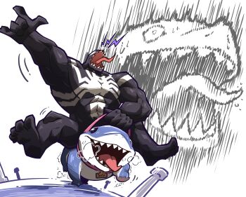  1boy absurdres character_name collar commentary english_commentary fangs hebinalmeog highres jeff_(marvel) marvel marvel_rivals name_tag open_mouth riding screaming shark superhero_costume symbiote tongue tongue_out venom_(marvel) white_background  rating:General score:1 user:danbooru