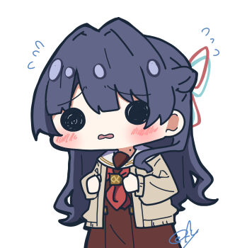  1girl absurdres blue_ribbon blush braid brown_cardigan brown_dress cardigan chibi chibi_only clenched_hands dress embarrassed flying_sweatdrops hair_ribbon half_up_braid half_updo hasu_no_sora_school_uniform highres link!_like!_love_live! long_sleeves love_live! mole mole_on_neck murano_sayaka neckerchief oofushi_ao open_cardigan open_clothes open_mouth peanut_mouth red_neckerchief red_ribbon ribbon sailor_collar sailor_dress school_uniform simple_background solid_circle_eyes solo virtual_youtuber white_background white_sailor_collar winter_uniform 