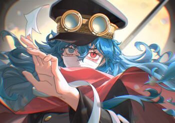  1girl artist_name bandages bandages_over_mouth black_hat black_jacket blue_eyes blue_hair buttons cape chromatic_aberration commentary covered_mouth english_commentary eyelashes floating_hair goggles goggles_on_headwear gunko hair_between_eyes hand_up hat heterochromia highres holding holding_weapon jacket long_hair long_sleeves looking_at_viewer mygiorni one_piece peaked_cap red_cape red_eyes solo twitter_username upper_body v-shaped_eyebrows weapon 
