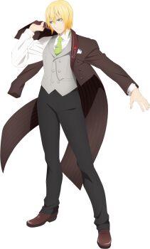  1boy artist_request black_pants blonde_hair blue_eyes brown_coat brown_shoes closed_mouth coat dressing eizen_(tales) formal_clothes full_body game_cg green_necktie grey_suit highres necktie official_alternate_costume official_art pants shoes short_hair solo suit tales_of_(series) tales_of_asteria tales_of_berseria third-party_source transparent_background 