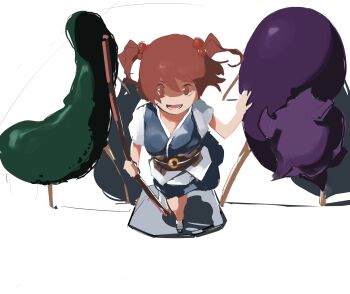  1girl absurdres blue_dress bobbles brown_sash coin coin_on_string commentary_request cookie_(touhou) cucumber dress eggplant from_above full_body highres hoe holding_hoe ishizaki_(ishizaki100) looking_at_viewer lower_teeth_only obi obon onozuka_komachi open_mouth red_eyes red_hair sash shishou_(cookie) short_sleeves shouryouuma smile solo standing teeth touhou two_side_up white_background 