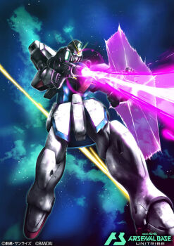  beam_rifle beam_shield card_(medium) commentary_request copyright_logo copyright_name copyright_notice energy_gun gundam gundam_arsenal_base logo mecha mecha_focus mobile_suit no_humans official_art robo_misucha robot science_fiction v-fin v_gundam victory_gundam weapon 