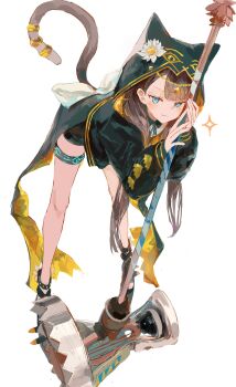  absurdres animal_ears animal_hood arknights blue_eyes brown_hair cat_ears cat_tail hammer highres hood ichika_(ichika87) infection_monitor_(arknights) jewelry leaning_forward pepe_(arknights) tail weapon white_background  rating:General score:5 user:danbooru