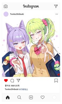  2girls bad_tag bag bag_charm black_nails blue_eyes blunt_sidelocks bow bowtie brown_cardigan cardigan character_charm charm_(object) chico_(yuzuha_riko) choppy_bangs chunsick_lee clothes_around_waist collarbone collared_shirt commentary cone_hair_bun diagonal-striped_bow diagonal-striped_bowtie diagonal-striped_clothes double_bun fangs fingernails green_hair grin gyaru gyaru_v hair_between_eyes hair_bow hair_bun hair_ornament hair_scrunchie hairclip heterochromia highres inari_(tenko_shibuki) instagram_logo kogal light_blush long_bangs long_hair long_sleeves looking_at_viewer loose_necktie medium_hair multiple_girls nail_polish necktie open_mouth orange_eyes outstretched_arm parallel_hairclips pink_bow pink_bowtie pink_nails pink_scrunchie purple_eyes purple_hair raised_inner_eyebrows red_necktie school_bag school_uniform scrunchie shirt shoulder_bag side_ponytail sidelocks smile social_network sparkle star_(symbol) star_hair_ornament stellive straight_hair striped_bow striped_bowtie striped_clothes symbol-only_commentary tenko_shibuki v virtual_youtuber white_background white_bow white_shirt wing_collar wrist_scrunchie yuzuha_riko 