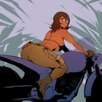  1girl 2023 absurdres ass battletech bikini_top blair_parker_(wibber_rose) blue_eyes boots breasts brown_hair commission dark-skinned_female dark_skin fingerless_gloves from_behind glasses gloves hair_ornament hairclip highres izra large_breasts looking_back motor_vehicle motorcycle original sideboob skindentation smile solo tagme wibber_rose  rating:Sensitive score:17 user:Cravitus