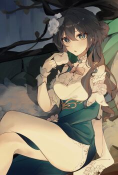  1girl aqua_eyes black_hair bow breasts commentary_request dress fishnet_veil floral_print flower food futabababa_28 gem gloves green_eyes hair_flower hair_ornament highres holding holding_food honkai:_star_rail honkai_(series) long_hair medium_breasts multicolored_hair off-shoulder_dress off_shoulder official_alternate_costume open_mouth pastry ruan_mei_(honkai:_star_rail) ruan_mei_(plumblossom_letter)_(honkai:_star_rail) sitting solo streaked_hair thighs two-tone_dress 