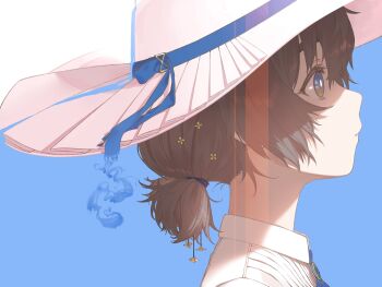  1girl blue_background blue_eyes from_side hashtag-only_commentary hat highres looking_to_the_side marsirome profile ribbon science_adventure shiina_mayuri shirt short_hair simple_background solo steins;gate sun_hat surprised white_shirt 