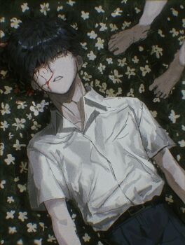  1boy 1other barefoot belt black_hair blood brown_eyes chromatic_aberration collared_shirt death empty_eyes flower grass highres lying male_focus nosebleed on_ground original shirt shirt_tucked_in short_hair short_sleeves solo_focus tomato_79 white_shirt 