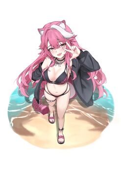 1girl absurdres animal_ears animal_print beach bikini black_bikini black_choker black_jacket bow_necklace breasts choker double_bikini feet hand_up highres hololive hololive_english jacket large_breasts leopard_print leopard_print_bikini long_hair looking_at_viewer lumerhea multicolored_hair nail_polish navel o-ring o-ring_thigh_strap ocean official_alternate_costume panther_ears panther_girl panther_tail pink_bikini pink_hair pink_nails pink_tail print_bikini raora_panthera raora_panthera_(holonatsu_paradise) sand sandals solo streaked_hair swimsuit tail thigh_strap toenail_polish toenails toes virtual_youtuber w white_streaks yellow_eyes