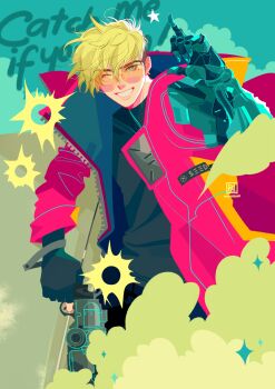  1boy absurdres aqua_eyes black_gloves black_shirt blonde_hair bullet_hole coat cowboy_shot fingerless_gloves gloves grin gun hair_between_eyes highres holding holding_gun holding_weapon looking_at_viewer male_focus mechanical_arms mhaikkun mole mole_under_eye one_eye_closed parted_lips red_coat shirt single_mechanical_arm smile solo sunglasses teeth trigun trigun_stampede undercut vash_the_stampede weapon 