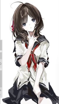 1girl ahoge amatsutsumi art_program_in_frame black_sailor_collar black_skirt blue_eyes brown_hair cowboy_shot hair_intakes hand_on_lap hand_on_own_chin hand_up head_tilt highres invisible_chair looking_at_viewer medium_hair minazuki_hotaru_(amatsutsumi) miniskirt neckerchief parted_bangs parted_lips procreate_(medium) procreate_(software) red_neckerchief sailor_collar sailor_shirt school_uniform serafuku shirt short_sleeves side_part simple_background sitting sketch skirt sleeve_cuffs solo summer_uniform thinking toqha3247 untucked_shirt white_background white_shirt 
