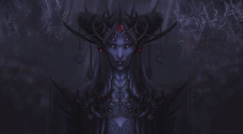  1girl absurdres arthropod_girl black_dress black_hair chance-lachance colored_skin commentary crown daedra dress english_commentary extra_eyes facing_viewer gem grey_background grey_skin hair_bun hair_ornament highres insect_girl mephala painterly portrait red_eyes red_gem silk skull_hair_ornament solo spider_girl spider_web the_elder_scrolls 