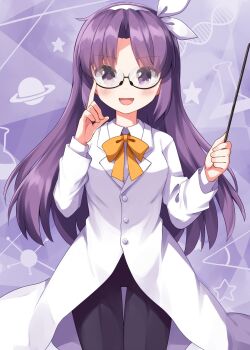  1girl asakura_rikako black_pants blush bow bowtie closed_lab_coat coat commentary glasses hairband highres holding holding_pointer lab_coat long_hair long_sleeves looking_at_viewer open_mouth pants pointer purple_background purple_eyes purple_hair ruu_(tksymkw) smile solo star_(symbol) touhou touhou_(pc-98) white_coat white_hairband yellow_bow yellow_bowtie 