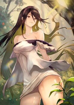  1girl absurdres agnes_oblige bare_shoulders bravely_default:_flying_fairy bravely_default_(series) breasts brown_eyes brown_hair closed_mouth commentary covered_navel dress highres long_hair medium_breasts outdoors solo sunlight teaz917 white_dress 
