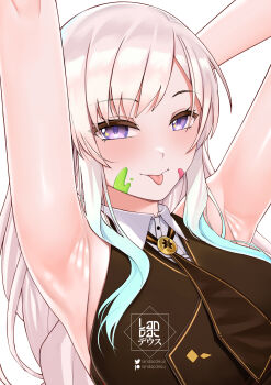  1girl airani_iofifteen airani_iofifteen_(military_casual) armpits arms_behind_head artist_logo black_necktie collared_shirt grey_hair hashtag-only_commentary highres hololive hololive_indonesia landacdeus logo long_hair necktie paint_splatter paint_splatter_on_face patreon_username purple_eyes shirt sleeveless sleeveless_shirt solo star_(symbol) star_in_eye symbol_in_eye tongue twitter_username upper_body virtual_youtuber white_shirt 