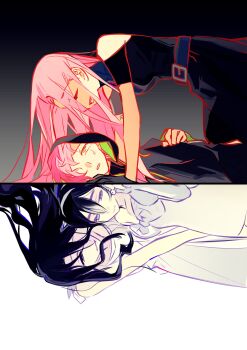  3girls absurdres alien_stage arm_tattoo black_dress black_gloves black_hair black_hood chinese_commentary chuanhua clothing_cutout commentary_request dress dual_persona earrings gloves hairband hia_(alien_stage) highres hood hood_up jewelry long_hair mizi_(alien_stage) multiple_girls pinned short_hair short_sleeves shoulder_cutout siblings sisters smile sua_(alien_stage) tattoo white_dress white_hairband yellow_eyes 