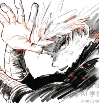  1boy arms_up bakugou_katsuki boku_no_hero_academia closed_mouth commentary dirty dirty_face dkbkrac highres long_sleeves looking_at_viewer male_focus orange_eyes profile shirt short_hair simple_background solo spiked_hair superhero_costume untranslatable_commentary watermark white_background 