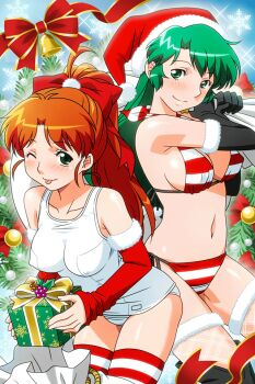  2girls ;p bell bikini blush box christmas covered_erect_nipples detached_sleeves elbow_gloves fishnet_thighhighs fishnets fur-trimmed_gloves fur-trimmed_headwear fur-trimmed_legwear fur_trim game_cg gift gift_box gloves green_eyes green_hair halterneck hat high_ponytail holding holding_gift holding_sack long_hair looking_at_viewer mana_(super_real_mahjong) multiple_girls navel non-web_source official_art one-piece_swimsuit one_eye_closed orange_hair photoshop_(medium) ponytail sack sack_behind_back santa_hat school_swimsuit shoko_(super_real_mahjong) side-tie_bikini_bottom smile striped_bikini striped_clothes striped_thighhighs super_real_mahjong swimsuit tanaka_ryou thighhighs tongue tongue_out white_one-piece_swimsuit 