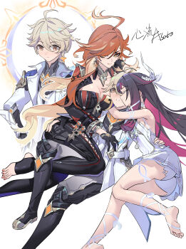  1boy 2girls absurdres adapted_costume aether_(as_heaven_and_earth_are_made_anew)_(genshin_impact) aether_(genshin_impact) ahoge ass bare_shoulders biker_clothes bikesuit black_bodysuit black_gloves black_hair blonde_hair bodysuit breasts cleavage closed_eyes closed_mouth columbina_(genshin_impact) commentary_request dress earrings face_to_breasts feathered_wings genshin_impact gloves hair_between_eyes harem head_wings highres jewelry large_breasts long_hair mavuika_(genshin_impact) multicolored_hair multiple_girls multiple_wings official_alternate_costume orange_eyes orange_hair ponytail purple_hair red_hair smile stirrup_legwear streaked_hair toeless_legwear two-tone_hair very_long_hair white_dress white_wings wings xinliu_asato yellow_eyes 