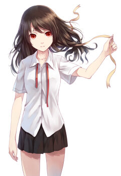  1girl bad_id bad_pixiv_id brown_hair female_focus hair_ribbon necktie original parsley-f pleated_skirt red_eyes ribbon school_uniform simple_background skirt solo undone_necktie  rating:Sensitive score:19 user:danbooru