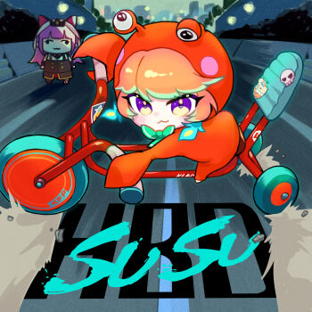  2girls akira_slide alternate_form animal_costume blush_stickers bow chibi chibi_only crab_claw crab_costume crabbywawa drifting earrings feather_earrings feathers green_bow highres hololive hololive_english jewelry long_hair looking_at_viewer mori_calliope multiple_girls official_alternate_costume orange_hair parody pink_hair purple_eyes solo_focus stalk_eyes susulemon_kfp takanashi_kiara tiara tricycle virtual_youtuber weird_cat_(mori_calliope) 