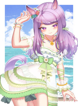  1girl animal_ears bare_shoulders beach bikini blue_sky blush bracelet breasts casual_one-piece_swimsuit closed_mouth cloud commentary_request creape dress dress_swimsuit ear_flower green_bikini hair_ornament highres horse_ears horse_girl horse_tail jewelry long_hair looking_at_viewer mejiro_mcqueen_(ripple_fairlady)_(umamusume) mejiro_mcqueen_(umamusume) necklace ocean official_alternate_costume one-piece_swimsuit outdoors purple_eyes purple_hair seashell_bracelet see-through_clothes see-through_dress see-through_sleeves sky small_breasts smile solo swimsuit tail umamusume water white_bikini 