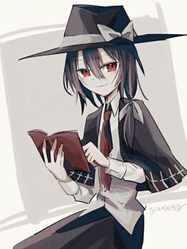  1girl asymmetrical_sidelocks black_capelet black_hat black_skirt book bow brown_hair capelet collared_shirt commentary_request grey_background hair_ribbon hat hat_bow highres holding holding_book long_sleeves looking_at_viewer necktie red_eyes red_necktie ribbon ribbon-trimmed_capelet ribbon_trim shirt sidelocks signature sitting skirt smile solo touhou usami_renko white_bow white_ribbon white_shirt yatsushiki_shigi 