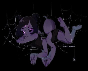  1girl absurdres arthropod_girl colored_sclera colored_skin commentary double_bun english_commentary extra_arms fangs full_body hair_bun highres insect_girl lying monster_girl muffet ny_000a purple_eyes purple_skin silk simple_background skin_fangs smile spider_girl spider_web sweater tail undertale utdr_(toby_fox) 