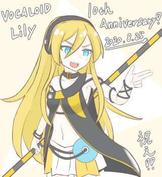 1girl :d anniversary blonde_hair blue_eyes blue_eyeshadow breasts bright_pupils cd character_name commentary_request cowboy_shot dated eyeshadow finger_gun happy_anniversary headphones holding lily_(vocaloid) long_hair looking_at_viewer makeup midriff navel open_mouth skirt small_breasts smile solo translation_request very_long_hair vocaloid white_pupils wixa14_shin 
