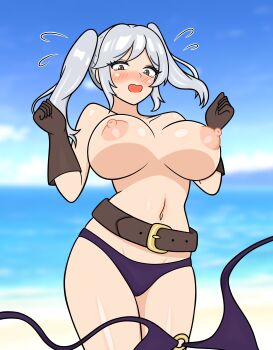  1girl accidental_exposure alternate_costume beach belt bikini breasts female_robin_(fire_emblem) female_robin_(seaside_tactician)_(fire_emblem) fire_emblem fire_emblem_awakening fire_emblem_heroes grey_eyes grey_hair huge_breasts nintendo nipples outdoors swimsuit tearing_up twintails wardrobe_malfunction yoshio_hentai 