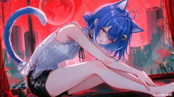  1girl ahoge animal_ear_fluff animal_ears armpit_crease bare_legs barefoot bent_over black_choker black_shorts blue_hair cat_ears cat_girl cat_tail choker cityscape collared_shirt commentary_request crescent crescent_hair_ornament frilled_shirt frills from_side hair_ornament highres indie_virtual_youtuber indoors kurageu_roa light_blush looking_at_viewer medium_hair moon open_mouth purple_eyes red_moon red_sky sa-ya2 shirt shorts sitting sitting_in_window sky sleeveless sleeveless_shirt smile solo tail virtual_youtuber white_shirt window 