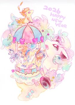  2026 5others :d animal_focus black_eyes blitzle candy chaccalate chinese_zodiac closed_eyes closed_mouth commentary_request fiery_hair fiery_tail fire flame-tipped_tail food from_behind full_body galarian_form galarian_ponyta gen_1_pokemon gen_5_pokemon gen_7_pokemon gen_8_pokemon happy_new_year horizontal_pupils horns horse keldeo keldeo_(ordinary) legendary_pokemon looking_afar looking_at_viewer looking_back looking_up mudbray multicolored_eyes multiple_others mythical_pokemon new_year nintendo no_humans no_sclera nostrils open_mouth pink_background pokemon pokemon_(creature) pokemon_focus pony_(animal) ponyta profile regional_and_normal simple_background single_horn smile tail unicorn year_of_the_horse 