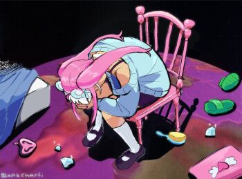  1girl animal_ears artist_name artist_self-insert bare_shoulders bear_ears bed black_background black_shoes blankcharti blanket blue_bow blue_sweater bow bra_strap chair commentary diamond_(gemstone) english_commentary fake_animal_ears from_above full_body gem green_slippers hair_bow heart interlocked_fingers kneehighs knees_together_feet_apart long_hair long_sleeves mary_janes meme miniskirt nail_polish off-shoulder_sweater off_shoulder on_chair original own_hands_clasped own_hands_together pink_hair pink_nails pleated_skirt puffy_long_sleeves puffy_sleeves purple_background purple_skirt roblox royale_high shadow shinji_in_a_chair_(meme) shoes sidelocks simple_background skirt slippers socks solo sparkle sweater twintails unworn_slippers white_socks 