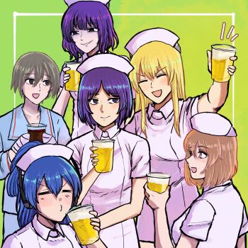 1boy 5girls :d alcohol bandaged_hand bandages beer blonde_hair blue_hair brown_hair closed_eyes closed_mouth cola commentary_request cup green_background hat highres hiramatsu_(sakusei_byoutou) holding holding_cup hospital_gown kashiran kurokawa_(sakusei_byoutou) long_hair mochizuki_(sakusei_byoutou) multiple_girls nurse nurse_cap open_mouth puckered_lips purple_hair sakusei_byoutou shaded_face short_hair short_sleeves simple_background smile tachibana_(sakusei_byoutou) upper_body yamada_(sakusei_byoutou) yamaguchi_(sakusei_byoutou) 