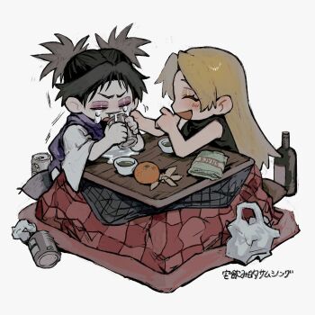  1boy 1girl bag black_hair black_shirt blonde_hair chibi chibi_only choso_(jujutsu_kaisen) cup grocery_bag highres jujutsu_kaisen kotatsu laughing long_hair neg_50asu open_mouth orange_peel shirt shopping_bag short_hair simple_background sleeveless sleeveless_shirt table tears translation_request tsukumo_yuki_(jujutsu_kaisen) wide_sleeves 