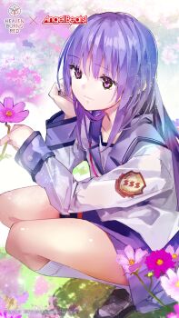  1girl angel_beats! black_shoes blue_skirt closed_mouth commentary copyright_logo copyright_notice cosmos_(flower) day english_commentary field flower flower_field full_body hair_between_eyes heaven_burns_red highres holding holding_flower irie_miyuki key_(company) kneehighs light_smile loafers logo long_hair long_sleeves looking_at_flowers miniskirt official_art official_wallpaper outdoors pink_flower purple_eyes purple_flower purple_hair shinda_sekai_sensen_uniform shirt shoes sidelocks skirt socks solo squatting thighs very_long_hair white_flower white_shirt white_socks 
