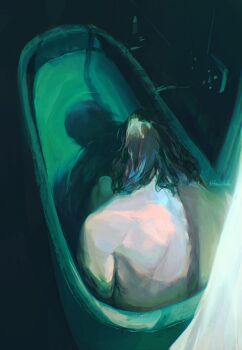  1boy astrianabla backlighting bathtub commentary disco_elysium english_commentary from_above green_theme harry_du_bois highres knees_up male_focus ripples short_hair sitting solo topless_male 