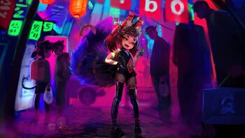  2girls 4boys :3 absurdres animal_ear_fluff animal_ear_piercing animal_ears armpit_crease asymmetrical_gloves backpack bag banknote bare_shoulders belt black_gloves black_leotard black_pantyhose blunt_bangs blush bone_earrings boots brown_hair cat_boy cat_ears cat_tail chain cigarette city clothing_cutout collar commission cross cross_earrings instant_cup_noodles dagger_(fiz-rot) demon_boy dollar_bill earrings facial_mark fangs fingerless_gloves fishnet_gloves fishnets fiz-rot flat_chest fox_ears fox_girl fox_tail full_body gelbooru gloves glowing glowing_tattoo gluteal_fold green_eyes hair_bobbles hair_ornament half-closed_eyes hand_on_own_hip hand_up happy highres holding holding_bag holding_money horns huge_filesize indie_virtual_youtuber instant_cup_noodles instant_noodles intertwined_tails jewelry lantern large_tail latin_cross layered_gloves leotard logo loli looking_back medium_hair mismatched_gloves money mouse_ears mouse_girl mouse_tail mouth_hold multicolored_hair multiple_boys multiple_girls multiple_tails nail_polish navel navel_cutout neon_trim night non-web_source nose_blush nyudachi open_mouth outdoors pantyhose paper_lantern pigeon-toed pink_nails pink_trim plastic_bag purple_hair randoseru red_eyes seductive_smile shiny_clothes shopping_bag sidelocks skin_tight skindentation smile smoking solo_focus spaghetti_(fiz-rot) spiked_boots spiked_collar spikes spill standing streaked_hair string_of_flags tail tattoo teeth thigh_belt thigh_boots thigh_strap tongue two-tone_hair two_tails vending_machine virtual_youtuber 