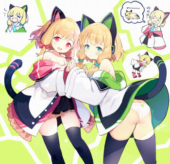 2girls :d :o anger_vein animal_ears ass black_legwear black_skirt blonde_hair blue_archive blue_bow blush bow breasts butt_crack cat_ears collarbone commentary_request fake_animal_ears green_eyes hair_bow highres holding_hands hood hood_down hooded_jacket jacket leilin long_sleeves low_twintails midori_(blue_archive) momoi_(blue_archive) multiple_girls off_shoulder open_clothes open_jacket open_mouth panties parted_lips pleated_skirt red_bow red_eyes siblings sisters skirt sleeves_past_wrists small_breasts smile tail thighhighs twintails underwear white_jacket white_panties wide_sleeves rating:Sensitive score:40 user:danbooru
