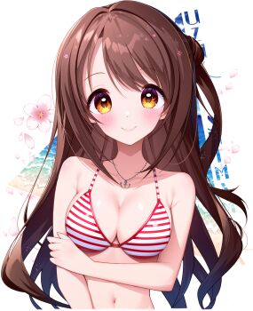  1girl bare_shoulders beach bikini blush breasts brown_hair cheng_mao_ling cleavage closed_mouth collarbone commentary_request hair_between_eyes highres idolmaster idolmaster_cinderella_girls long_hair looking_at_viewer medium_breasts navel red_bikini shimamura_uzuki smile solo striped_bikini striped_clothes swimsuit upper_body white_bikini 