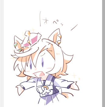  1girl animal_ears beer_hsk bow brown_hair chibi commentary_request crown hair_between_eyes horse_ears horse_girl horse_tail long_sleeves mini_crown open_mouth pleated_skirt purple_eyes purple_shirt purple_skirt school_uniform shirt skirt solid_oval_eyes solo t.m._opera_o_(umamusume) tail tracen_school_uniform translation_request umamusume white_background white_bow 