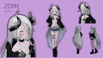  1girl ahoge antenna_hair artist_name bikini blush boots breasts character_name choker earrings expressionless from_behind full_body grey_hair hood hoodie horns jewelry long_hair long_sleeves looking_at_viewer looking_to_the_side micro_bikini micro_shorts multicolored_hair navel nyahu_(nyahu_77) original profile purple_background reference_sheet shorts side-tie_bikini_bottom simple_background small_breasts swimsuit thigh_strap two-tone_hair very_long_hair vrchat yellow_eyes zome_(vrchat)  rating:Sensitive score:1 user:Gunnerkrigg