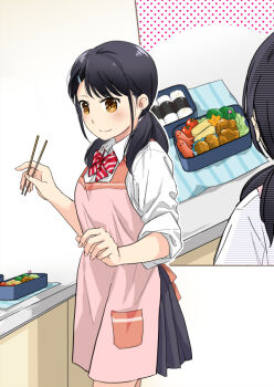  1girl 1ldk_+_jk_ikinari_doukyo?_micchaku!?_hatsu_ecchi!!? apron bento bow bowtie chopsticks commentary_request diagonal-striped_bow diagonal-striped_bowtie diagonal-striped_clothes food food_art fumizuki_sou hair_ornament hairclip holding holding_chopsticks low_twintails miniskirt misaki_akane pink_apron pleated_skirt rice skirt solo striped_bow striped_bowtie striped_clothes tako-san_wiener twintails 