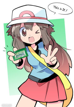  1girl :d bag blue_shirt breasts brown_eyes brown_hair cowboy_shot game_cartridge hair_between_eyes hands_up hat highres holding_game_cartridge leaf_(pokemon) long_hair miniskirt nintendo notice_lines one_eye_closed open_mouth pleated_skirt pokemon pokemon_frlg rascal_(feuille) red_skirt shirt shoulder_bag simple_background skirt sleeveless sleeveless_shirt small_breasts smile speech_bubble standing twitter_username v v-shaped_eyebrows watermark white_hat wristband yellow_bag 